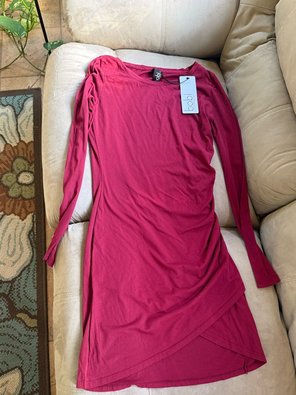 bobi Long-Sleeve Asymmetric Hem Dress in Berry Pink NWT